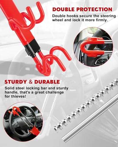 Tevlaphee Steering Wheel Lock Anti-Theft Car Device Heavy Duty Security Car Lock Antitheft Locking Devices Great Deterrent Adjustable Car Wheel Lock Anti Theft for Vehicle Truck SUV with 3 Keys (Red) - color: Red