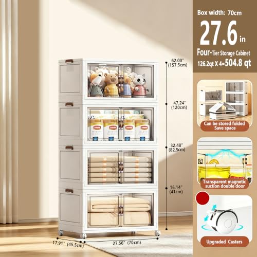 504.8QT Foldable Stackable Storage Bins with Magnetic Doors & Lockable Wheels, 4 Pack Large Plastic Closet Organizer, Tool-Free Storage Box for Bedroom Kitchen Bathroom Dorm Office Garage - size: 4PACK-27.55"W17.91"D62"H