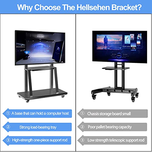 Hellsehen Mobile TV Stand,Rolling TVs Cart on Wheels Height Adjustable Heavy-Duty Floor Stand Base for 32-75 Inch LCD LED OLED Flat Panel Screens Smartboard Movable Holds up to 220lbs with Shelf - size: 32"-75"
