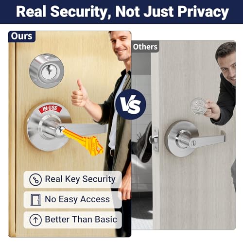Keyed Commercial Privacy Indicator Door Lock, Heavy Duty Vacant Occupied Bathroom Handle with 90mm Large Rose (Covers Old Holes) - ANSI Grade 2 Restroom Lever for Office, Medical & Gym (Keyed Silver) - color: Keyed Silver