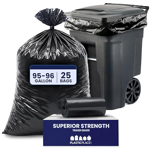 Plasticplace 95-96 Gallon Garbage Can Liners Heavy Duty 1.5 Mil Black Trash Bags Tear-Resistant Outdoor Garbage Bags for Rollaway Bins Large 61" x 68" Industrial-Strength Waste Bags (25 Count) - size: 1 Count (Pack of 25)