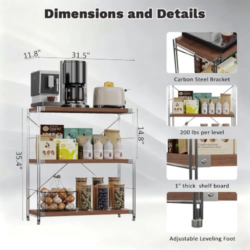 3-Tier Industrial Bookshelf, Wood and Metal Shelf Unit, Storage Bookcase - color: Walnut, size: 3T32IN