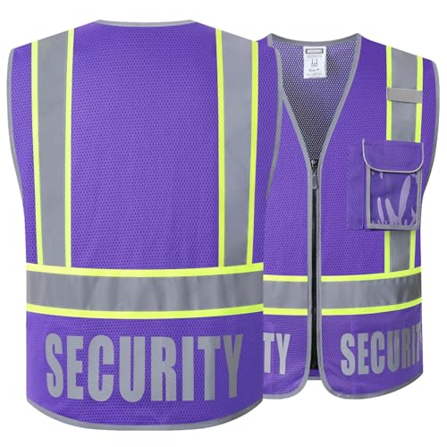 Security Vest for Men Women Reflective Safety Vest with 5 Pockets and Front Zipper Mesh High Visibility Vest Meets ANSI/ISEA 107-2015 Standards (Purple-22, Large) - color: Purple, size: Large