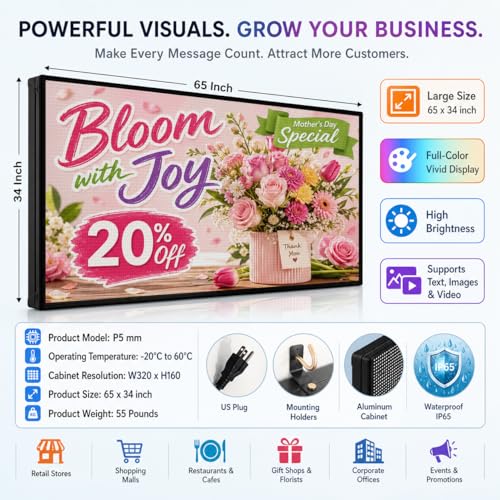 P5 Outdoor LED Sign 65" x 34", IP65 Waterproof Programmable Full Color Digital Display with WiFi & USB Control, High-Resolution Scrolling Text Image Video LED Advertising Board for Business - size: P5 65"x34"