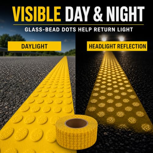 Raised Reflective Pavement Marking Tape, Slip-Resistant Durable Heavy-Duty Rubber Base for Outdoor Use, Ideal for Driveways, Walkways & Parking Areas (Yellow, 2 Inch x 75 Feet) - size: 2 Inch X 75 Feet