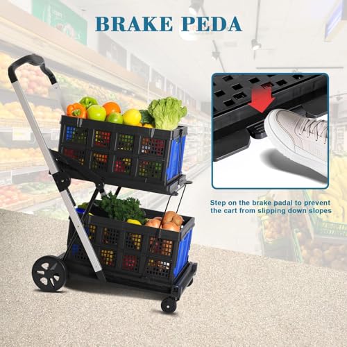 Collapsible Shopping Cart on Wheels, Folding Shopping Cart with 360ยฐ Swivel Wheels, Multi Use Utility Cart Adjustable Portable Trolley with 2 Storage Crate, Used for Picnic, Supermarket, Blue - color: Blue