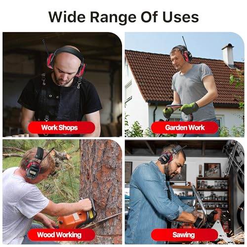 AM/FM Radio Headphones 25dB NRR,Noise Reduction Safety Earmuffs,Digital Display Headset,Powered by AA Battery,Hearing Protection for Walkman Mowing Lawn Work,Red - color: Red