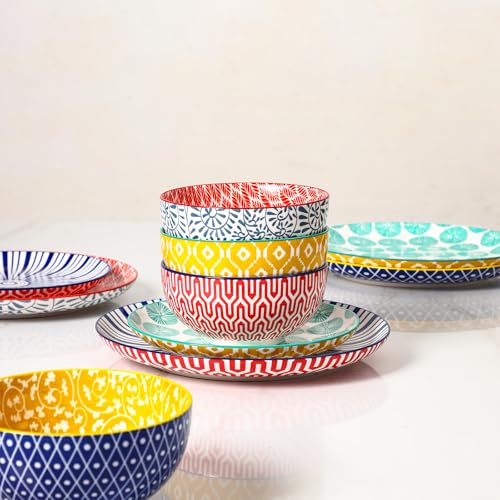 Selamica Ceramic Plates and Bowls Sets,18 Pieces Dinnerware Sets for 6,Dishwasher & Microwave Safe dish set,Family & Holiday Dining, Assorted Colors - color: Assorted Colors, size: Service for 6 (18 Pcs)