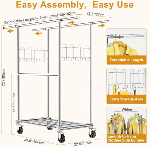100% Stainless Steel Heavy Duty Clothes Rack Load 960LBS, Three Rods Clothing Racks for Hanging Clothes Extendable, Rolling Garment Rack With Sturdy Wheels Shelves Hooks, Portable Closet Wardrobe Rack