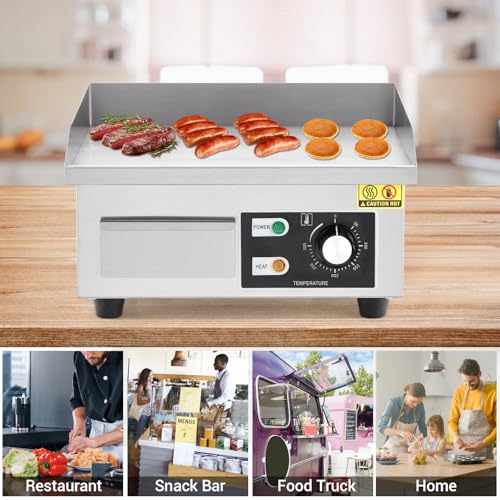 Commercial Electric Griddle 14 Inch – 1500W Stainless Steel, Non-Stick Flat Top Teppanyaki Grill, Adjustable Temp 50°C-300°C (122°F-572°F), Includes 2 Shovels & 2 Brushes, Countertop