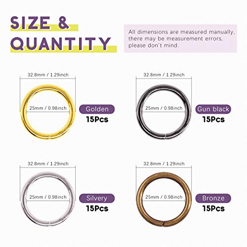 Swpeet 60Pcs Heavy Duty 1 Inch / 25mm Metal O Ring, Webbing Belts Buckle Metal Rings for for Belt Bags DIY Accessories Keychains Belts and Dog Leash - Sliver, Bronze, Gold, Gun-Black (Metal O Ring) - style: Metal O Ring