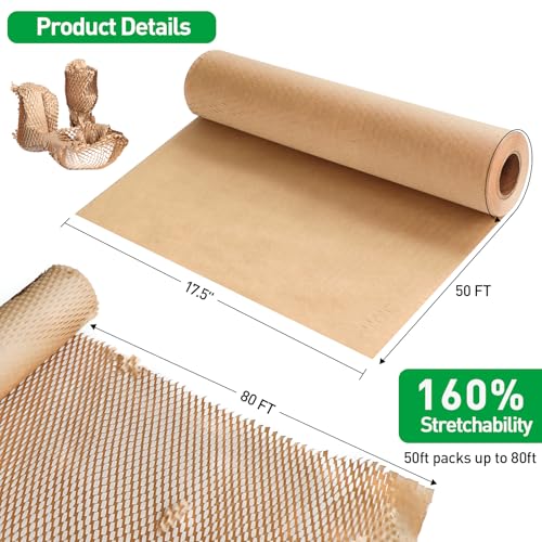 MAXECHO Honeycomb Packing Paper, 17.5" x 50 ft Bubble Cushioning Wrap for Moving Shipping Products Gifts Wrapping Essentials Packaging Materials Supplies - size: 17.5" x 50 ft
