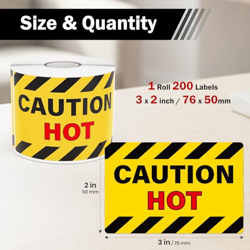200 PCS Caution Hot Labels 3" x 2" Self-Adhesive Vinyl Hot Sticker