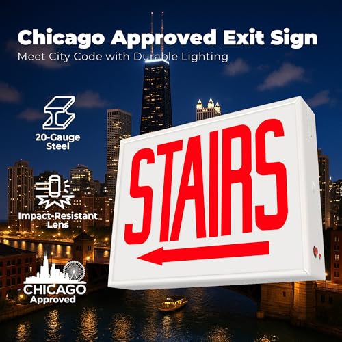 LFI Lights® Chicago Approved Exit Sign, UL 924 Listed, (Stairs Left Arrow), Red LED, White, Steel Housing, Glass Panel, 120-277VAC Wall, Ceiling or Side Mount, Hardwired with Battery Backup CHEXRWBBSTAIRLA - style: STAIRS Left Arrow
