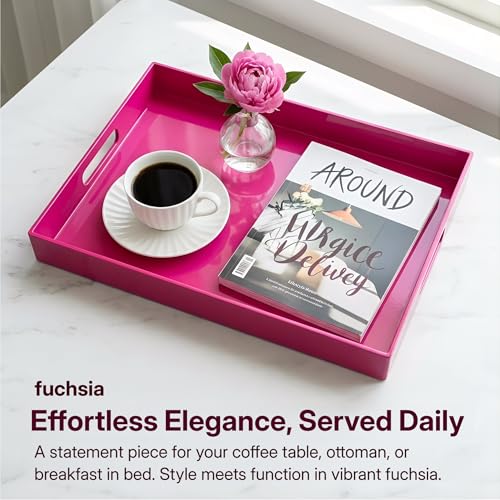 Large Decorative Tray, Rectangular Serving Tray with Handles, Plastic Coffee Table Tray for Ottoman, Living Room, Kitchen Tabletop, Rose Pink, 15.7” x 11.8” x1.6” - color: Large Rose Pink Rectangular, size: 15.7" x 11.8" x 1.6" Rectangular
