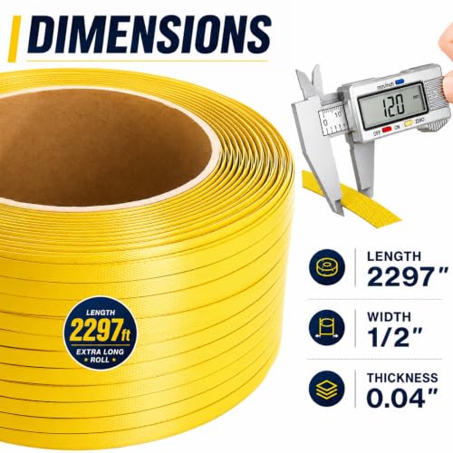 ZOOFOX 1/2" x 2297ft Poly Strapping Roll, 300 lbs Break Strength Plastic Pallet Strapping Coil, Yellow Banding Strap for Box Shipping and Packaging
