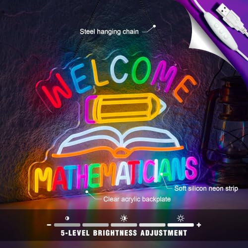 Math Neon Sign Welcome Mathematicians Pen Book LED Light Classroom Decor - color: Multicolor