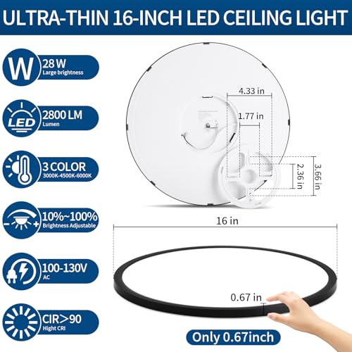 16'' Modern Led Flush Mount Ceiling Light Fixture,UltraThin,Black,Dimmable - color: Black, size: 16 inch 1P