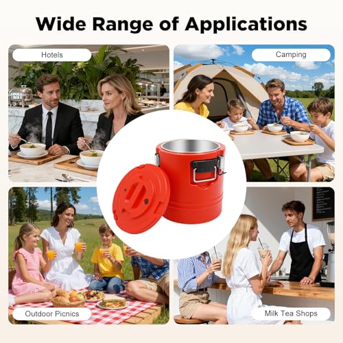 15L/3.96 Gal Insulated Soup Carrier, Stainless Steel Insulated Soup Container Bucket Hot & Cold Thermal Bucket with Lid Commercial Food Warmer for Parties Picnics Cafes Restaurants - color: Red, size: 15L/3.96 Gal