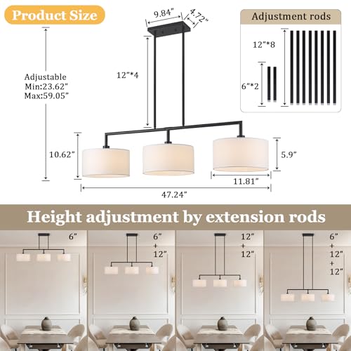 47" W Modern Linear Kitchen Island Pendant Light Fixture 3-Light White Linen Drum Shade Chandelier Black Metal Linear Chandeliers for Dining Room Farmhouse Hanging Light for Living Room, Bar, E26 - color: Black and White