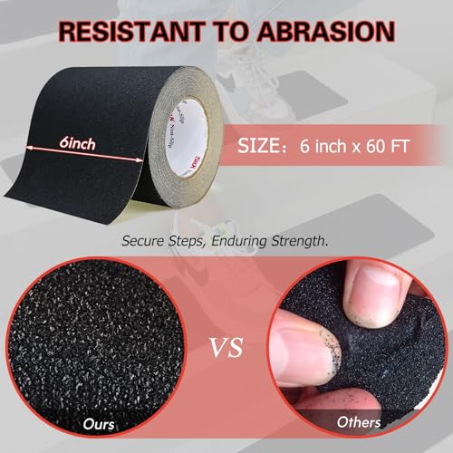 S&X Anti Slip Tape 6in x 60ft Grip Tape for Stairs & Floors, Black - size: 6 inches x 60 feet