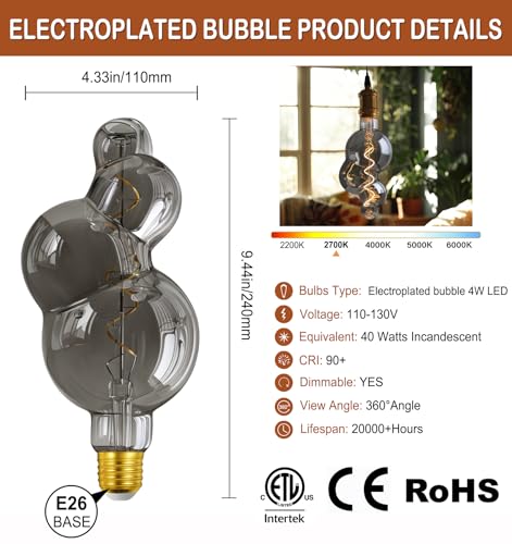 4W Filament 2700K Warm Lights,Dimmable E26 Lamp Base,1-Pack - color: Special Electroplated Bubble Lights(dimmable)