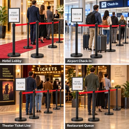 6 Pack Crowd Control Stanchions 9.8 ft Belt Sign Holder, Red Belt, Black - color: Black, size: Red Belt
