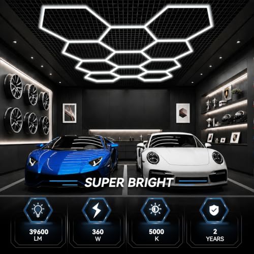 LZHOME Hexagon LED Garage Light: Super Bright 39600LM 11 Grids Hexagon Garage Light, 5000K Honeycomb Lights Ceiling for Garage, Warehouse, Car Detailing Shop, Exhibition Hall, Gym - size: 11 HEX
