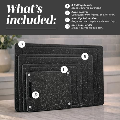 COOK WITH COLOR Non-Slip Cutting Board Set – Kitchen Essentials with Easy Grip Handle for Meat, Veggies, and Fruits, 4 Cutting Boards, Black - color: Black, size: 4 Cutting Boards