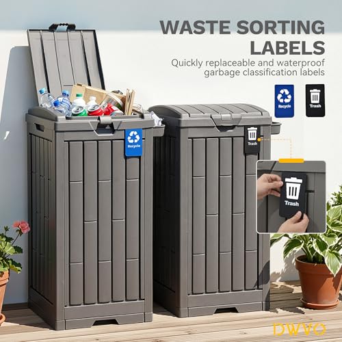 DWVO 38 Gallon Outdoor Trash Can, Set of 2 Resin Garbage Bins with Lids, Includes 2 Sorting Labels, Ash Holder, Stakes & Suction Cups, Hideaway Storage for Patio Backyard Garden, Light Brown - color: Light Brown, size: 38 Gallon X 2 Pack