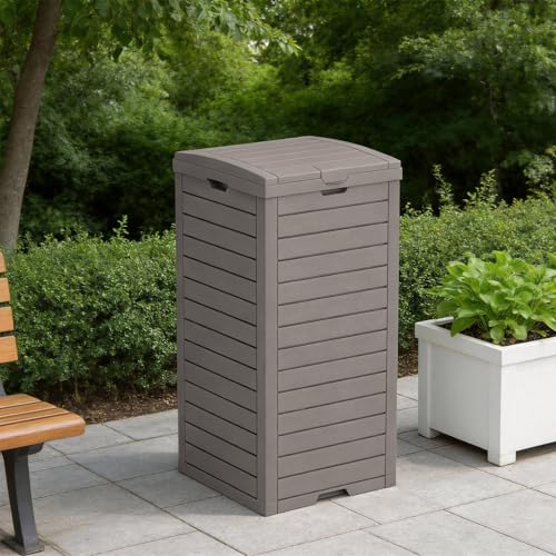 38 Gallon Outdoor Trash Can with lid,Waterproof,UV-Resistant Resin Garbage Can,Lockable Lid and Drip Tray,Trash Bin for Patio,Kitchen, Backyard and Deck(Grey) - color: Gray, size: 16.1*16.3*33.9