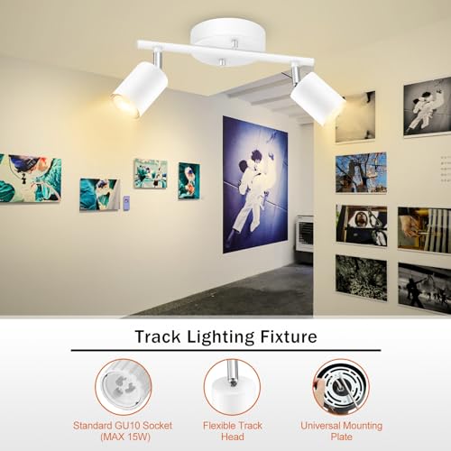 BoostArea LED 2 Light Track Lighting Kit, White 2 Way Ceiling Spot Lighting, Flexibly Rotatable Light Head for Kitchen, Living Room, Bedroom, GU10 Bulb Not Included - color: 2 Light-White