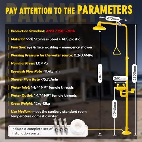 CGOLDENWALL Emergency Shower Eye Wash Station Combination Eye Wash Station with Shower, NPT Thread, with Emergency Sign, 304 Stainless Steel+Yellow Coating - color: 304 Stainless Steel + Yellow Coating