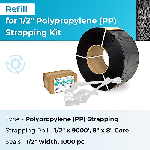 IDL Packaging Refill for 1/2" Polypropylene (PP) Strapping Kits for Packaging Strapping - 1/2" x 9000' Polypropylene Strapping Roll of 8" x 8" Core Size and 1000 of 1/2" Open Seals - size: 8" x 8" Core Coil + 1000 Seals, style: 300 lbs Break Strength