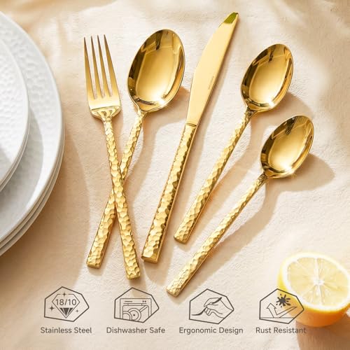 20 Piece Gold Silverware Set, 18/10 Stainless Steel Hammered Flatware for 4 - color: Gold, size: 20-Piece