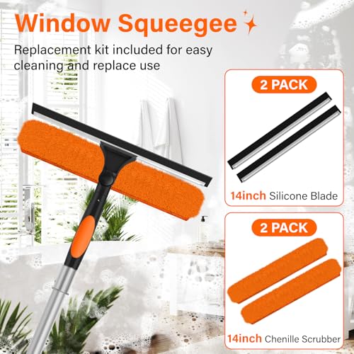 14" Window Squeegee with Extension Pole,26FT Reach High Window Washers for High Outside Windows,Professional Window Cleaning Tool Kit Include Replacement,180°Rotatable Squeegee for Indoor/Outdoor - color: 14in Squeegee, size: 20FT(Reach 26ft)
