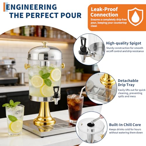 GarveeHome 2.2 Gallon Ice Core Cold Beverage Dispenser, Stainless Steel Drink Dispenser with Stand, Spigot & Drip Tray for Cold Drinks, Lemonade, Juice Dispenser for Parties Weddings Hotels, Gold - color: Gold, size: 2.2 Gallon