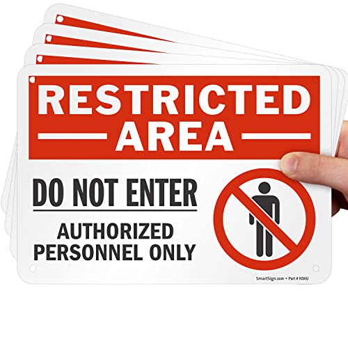 SmartSign (Pack of 4) 7 x 10 inch “Restricted Area - Do Not Enter, Authorized Personnel Only” Metal Sign with Symbol, 40 mil Laminated Rustproof Aluminum, Red, White and Black, Made in USA - style: 7" x 10" - Aluminum (Pack of 4)
