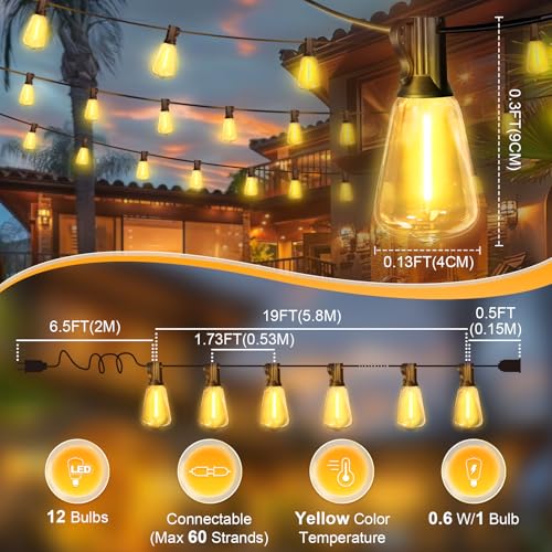 LAMPHOME 4-Pack 26Ft ST38 Outdoor String Lights, Warm Yellow Edison LED Patio Lights with 12+1 Shatterproof Bulbs, Waterproof for Bistro Christmas Party Garden Decor - color: Yellow, size: 100FT