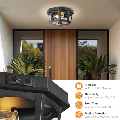 Outdoor Ceiling Light Fixture, Motion Sensor Flush Mount Porch Lights, Exterior Dusk to Dawn Lamp with Activated Detector, Modern Waterproof Lighting for Garage, Entryway, Patio, Front Door - color: Black