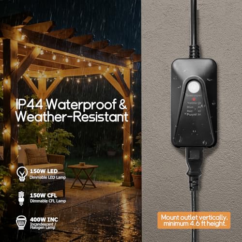 GMY Outdoor Dimmer for String Lights, Remote Dimmer Switch with Timer, Dimmer Plug Compatible with Dimmable LED/Tungsten Bulbs,IP44,100FT Range, Max Power 400W Inc, FCC