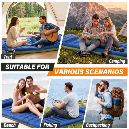 Camping Sleeping Pad, 6 inch Thick Ultralight Camping Mat with Pillow, Built-in Foot Pump Inflatable Sleeping Pads Compact for Camping Backpacking Hiking Traveling Tent,Single,Blue - color: Blue