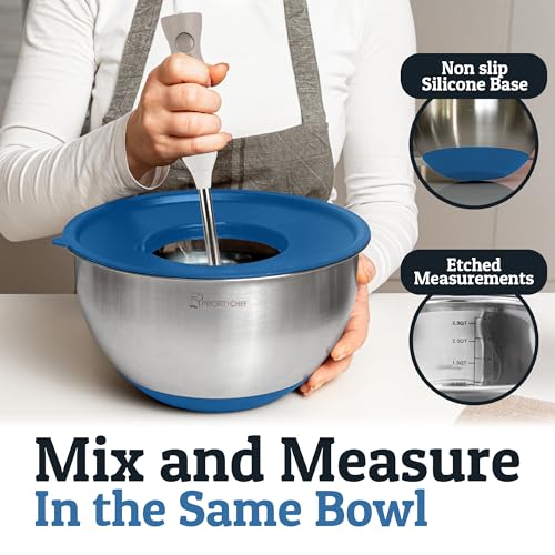 Priority Chef Stainless Steel Mixing Bowls with Lids Set, 3 Grater Attachments, Airtight Lids, Non-Slip Silicone Base Mixing Bowl Set, Large Prep Metal Mixing Bowls for Kitchen, Blue - color: Blue