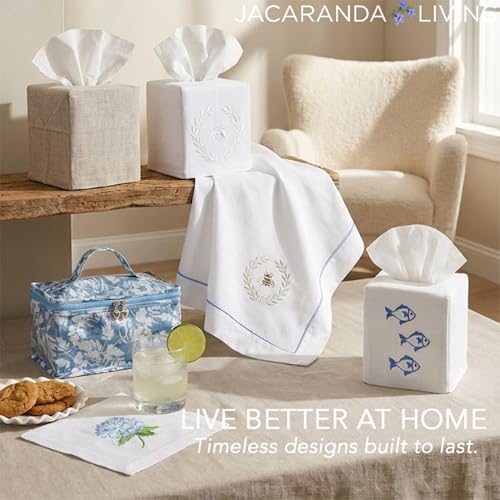 Jacaranda Living Square Tissue Box Cover, Linen/Cotton Fabric Tissue Holder, Decorative Cloth Tissue Cube Cover, Botanical Design Hydrangea Too, Light Blue - color: Hydrangea Too (Light Blue)