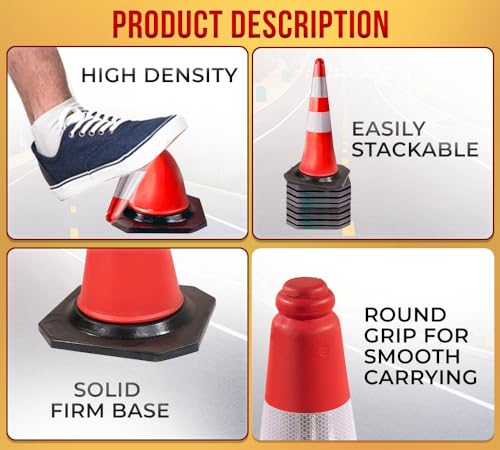 16 Pack Traffic Cones 28 Inch with Reflective Collars & Solid Black Weighted Base - PVC Orange Construction Cones - Stacklable Safety Cones for Parking Lot Driveway Road Traffic - size: 16 - Pack