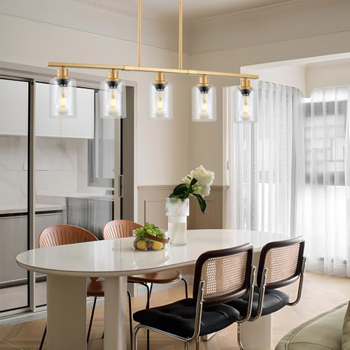 39.4" Kitchen Island Lighting, 5 Lights Clear Glass Pendant Light Fixtue, Golden Linear Metal Chandelier for Dining&Living Room Foyer,Height Adjustable,E26 Socket - color: Gold
