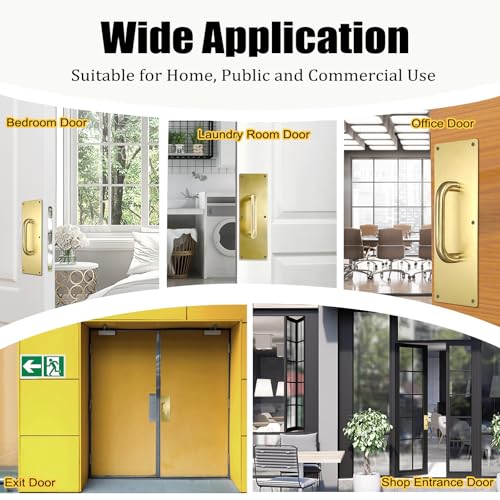 Sumnacon 1 Set 12" Stainess Steel Door Handle Pull & Push Plate - Heavy Dutyr Gold Gate Handle Bar for Home/Office/Warehouse/Public,Suitable of Wooden/Composite Door with Screws,Brushed - color: Gold