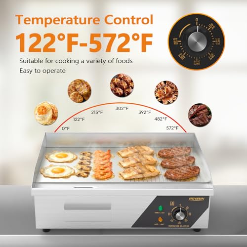 ROVSUN 22" Electric Griddle, Electric Countertop Half Flat Top Griddle, 1600W Grill Stainless Steel with Adjustable Temperature Control 122°F-572°F for Commercial Home Restaurant, Plug - size: 22"