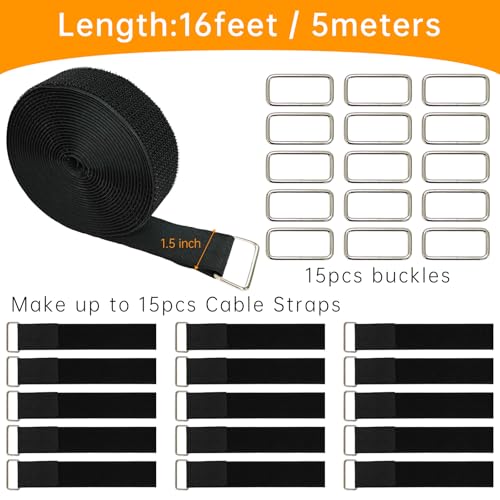 1.5" x16ft Hook and Loop Straps, Long Adjustable Fastening Straps with 15 Metal Buckles, Cut to Length Cinch Straps, Reusable Nylon Securing Cord Ties for Organizer or Storage - color: 1.5"x16ft