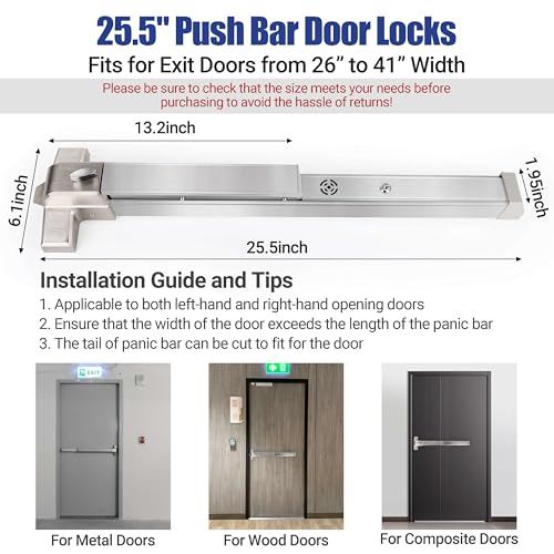 304 Stainless Steel Panic Bars for Emergency Exit Doors with Alarms - 25.5” Commercial Door Push Bar Panic Exit Device with Exterior Lever Handle, Panic Door Hardware for 26”-41”Wooden/Metal Doors